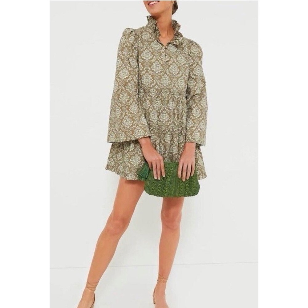 Hyacinth House Ross Printed Russell Mini‎ Olive Dress Small Ruffle Neck Coquette